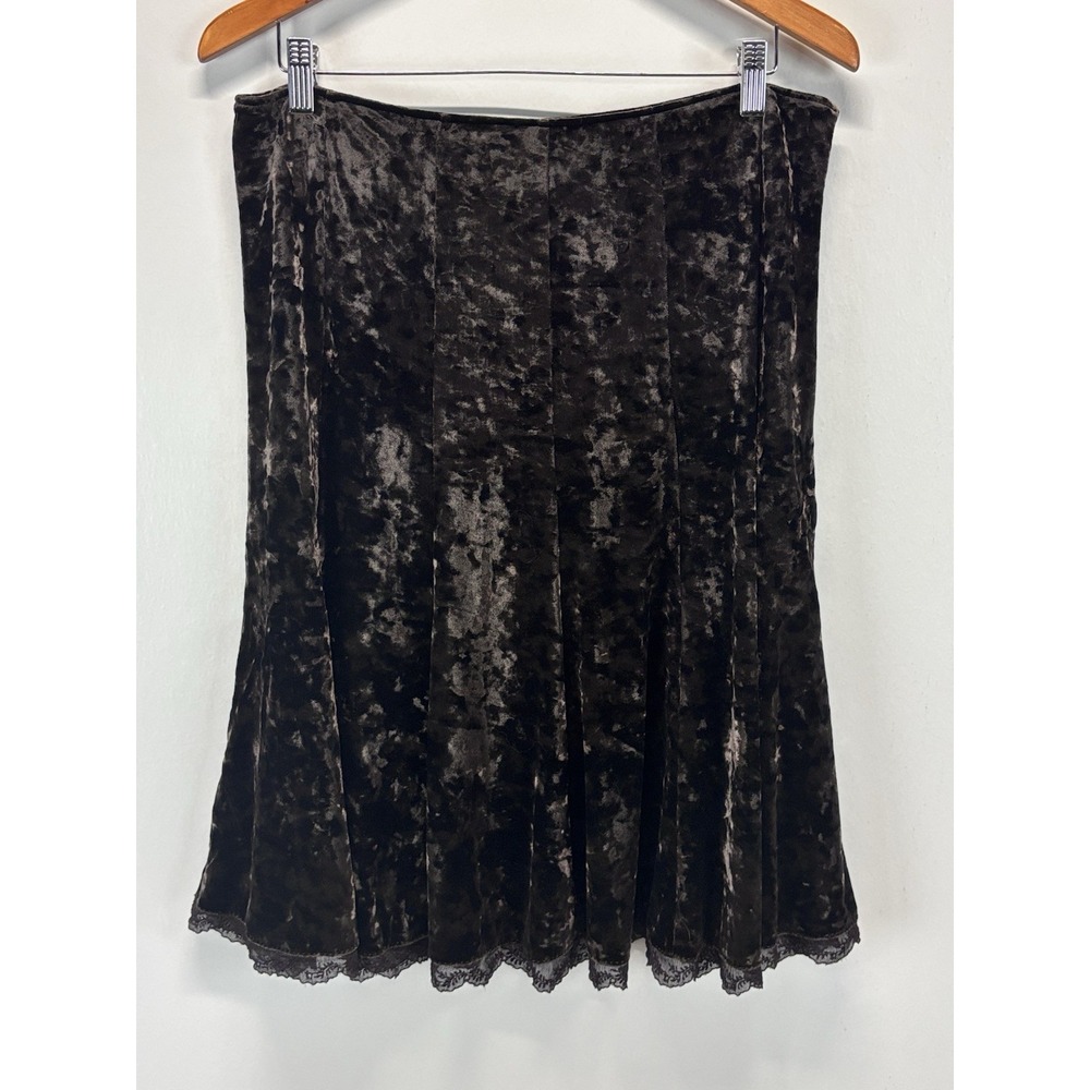 Tahari Crushed Velvet Skirt Sz 12 Women's Brown Fairy Whimsigoth Lace Trim Lined